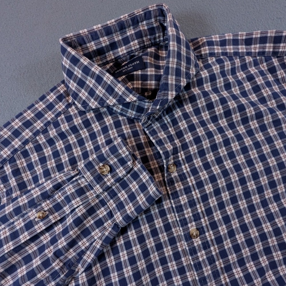 Proper Cloth Button Down Shirt Mens Small Blue Plaid Long Sleeve Spread Collar